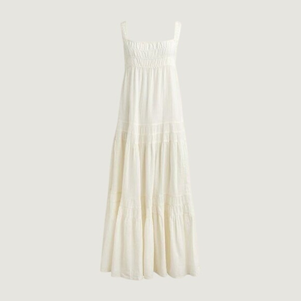 J.Crew Tiered Maxi Dress Women XL Ivory Airy Gauze Smocked Cotton Coastal Boho